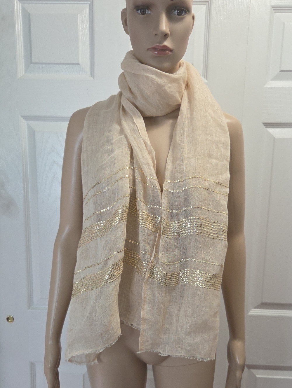 Gerard Darel Tan Linen Scarf with Gold Sequin Stripes